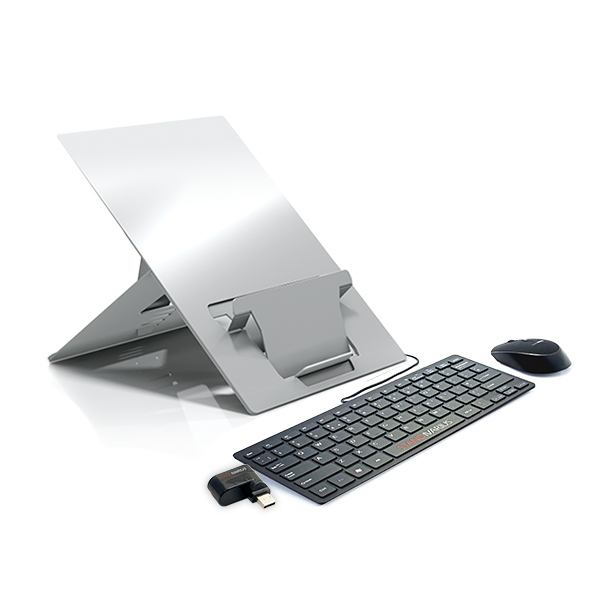 the Standivarius Oryx evo D laptop stand, the Standivarius Piano II USB compact keyboard, the Standivarius USB 3-Port Hub, and the Standivarius Hi! Wireless Mouse