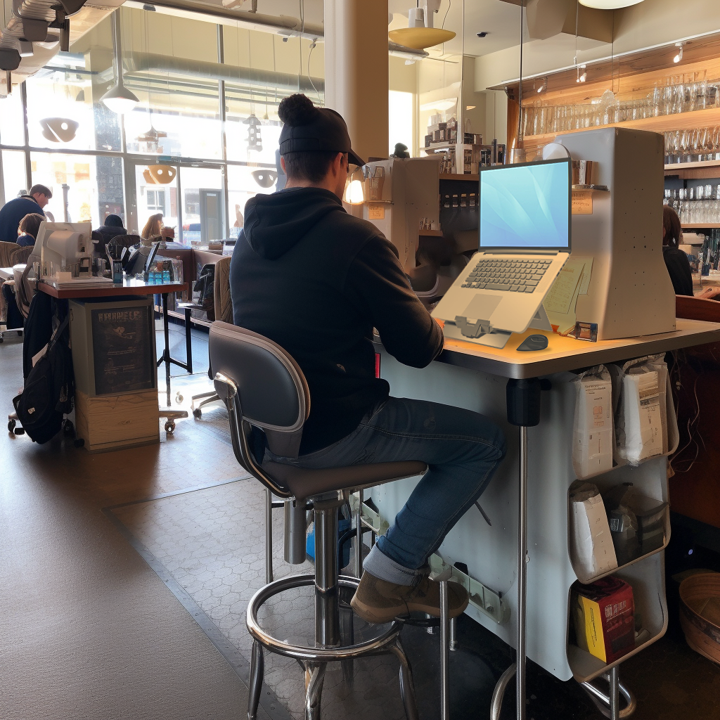 user working in a café on a laptop with the Standivarius Ergo Know-Me stand