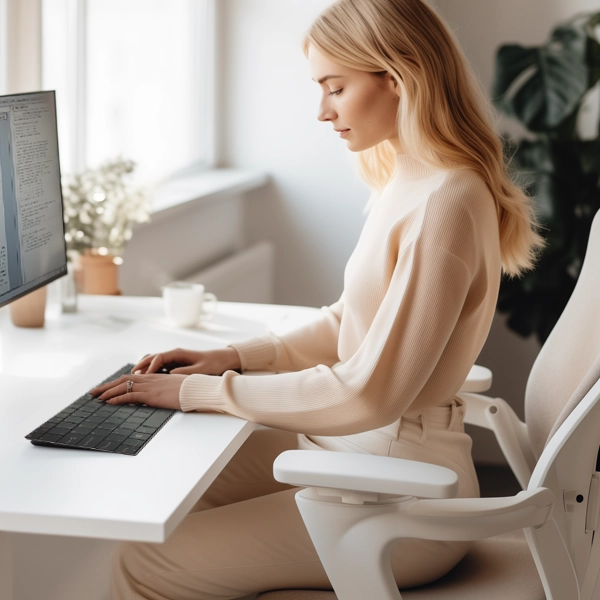 a female user working and typing on the Standivarius Solo X compact keyboard in her home office