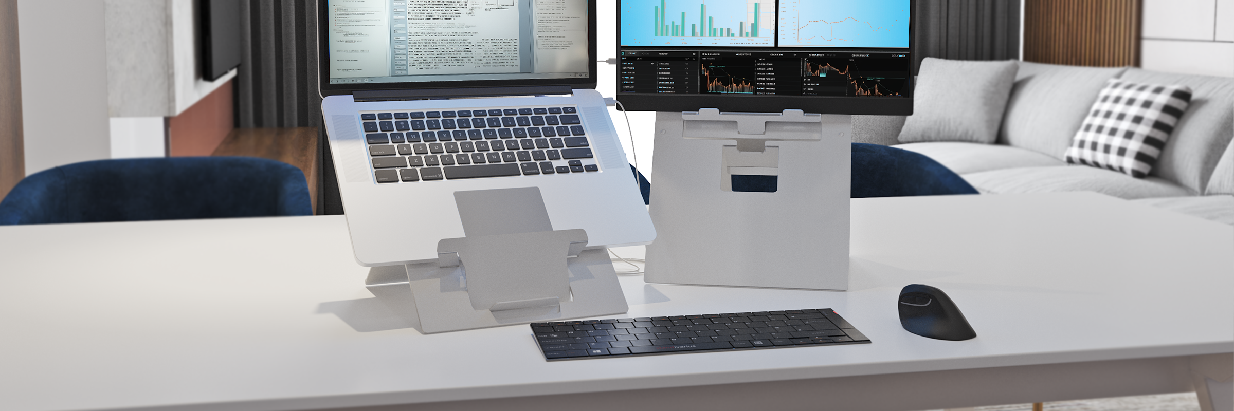 a laptop on the Standivarius Oryx evo D laptop stand beside a monitor on the Standivarius X-stand monitor stand with the Standivarius Solo x and ; both are on a home office desk