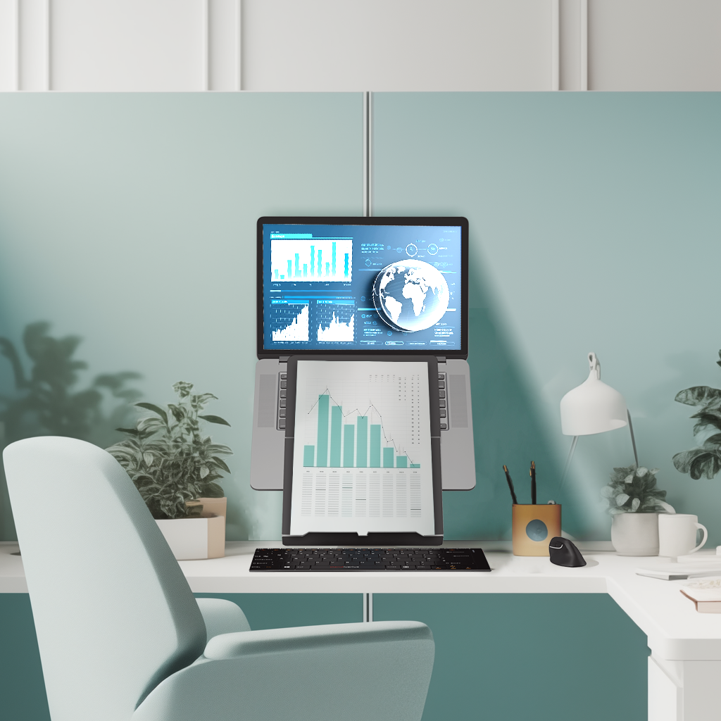 Image of the Standivarius Etra laptop stand in an office setting