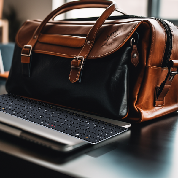 a weekend bag with a laptop and the Standivarius Solo #pad keyboard in front
