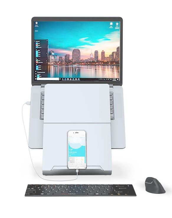 image of a laptop on the Standivarius Oryx evo D laptop stand with the Standivarius Solo X below it