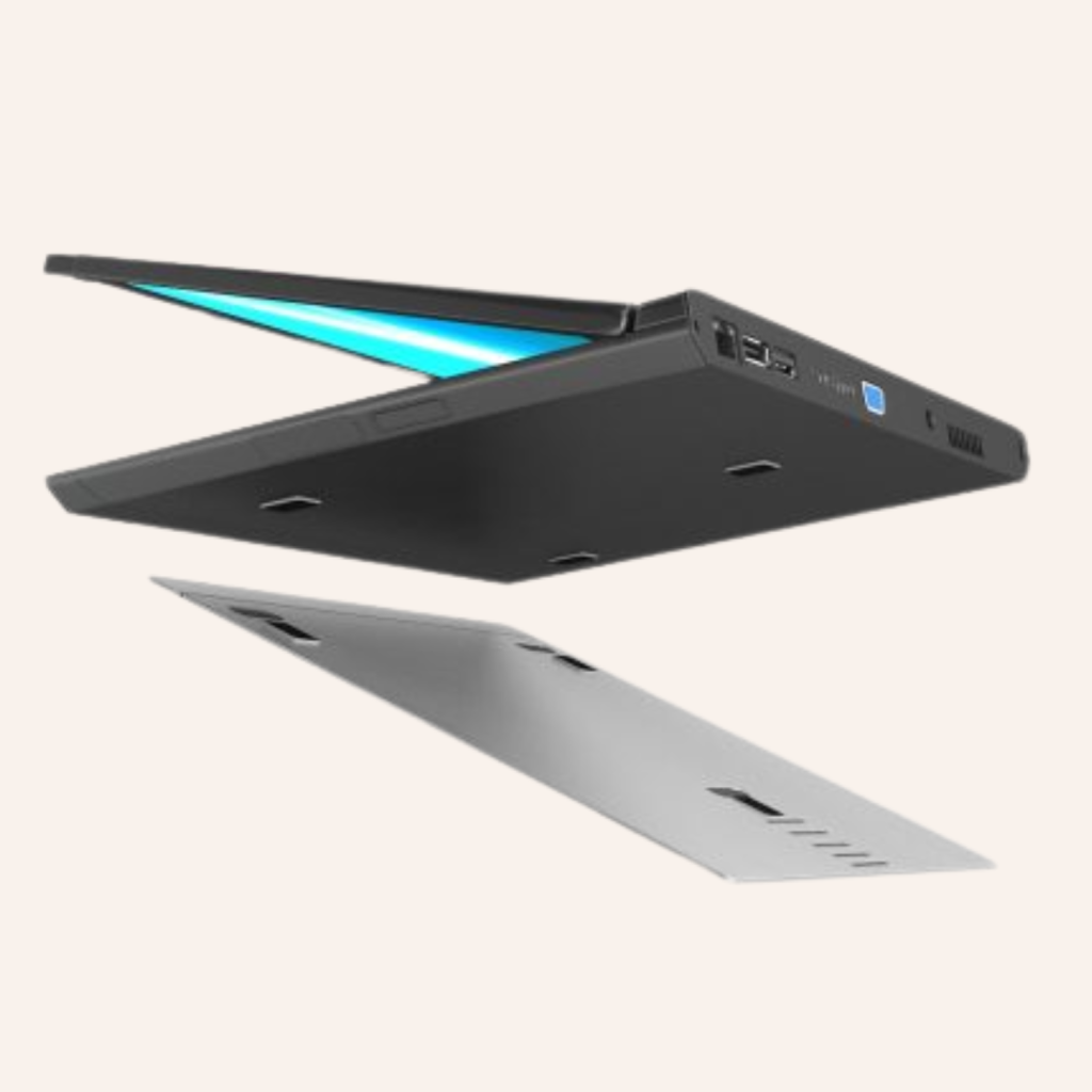 Aero Uno attachable laptop stand remaining attached underneath a laptop for convenience