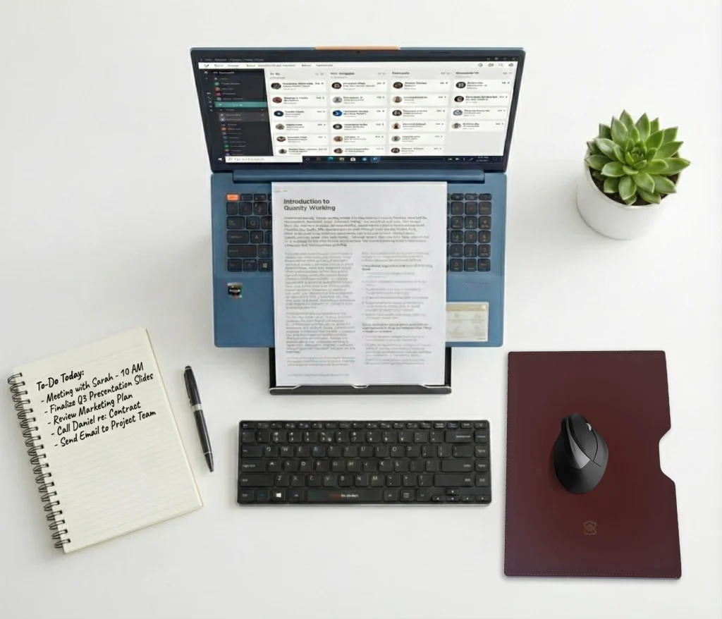 A top-down angle of ETRA premium ergonomic laptop stand to show better alignment in workflow