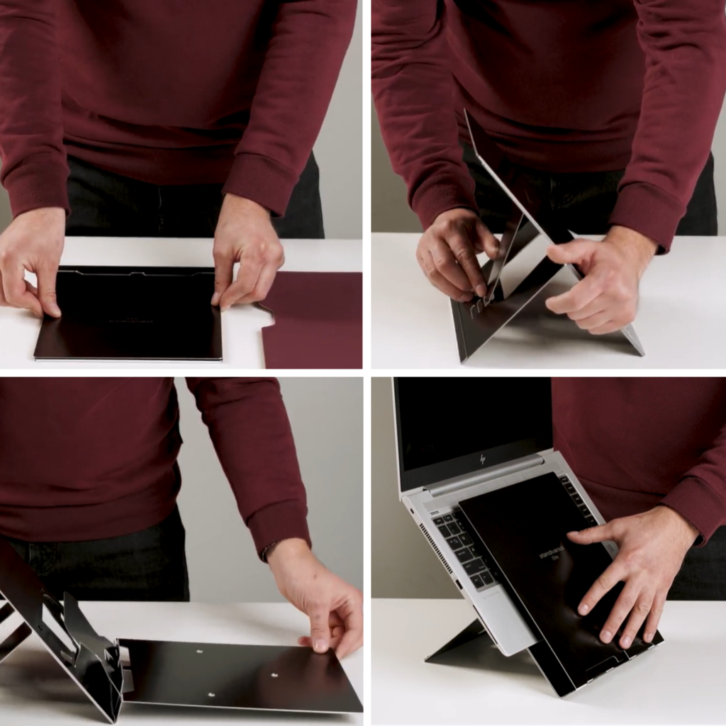 Hands setting up the Standivarius ETRA premium laptop stand