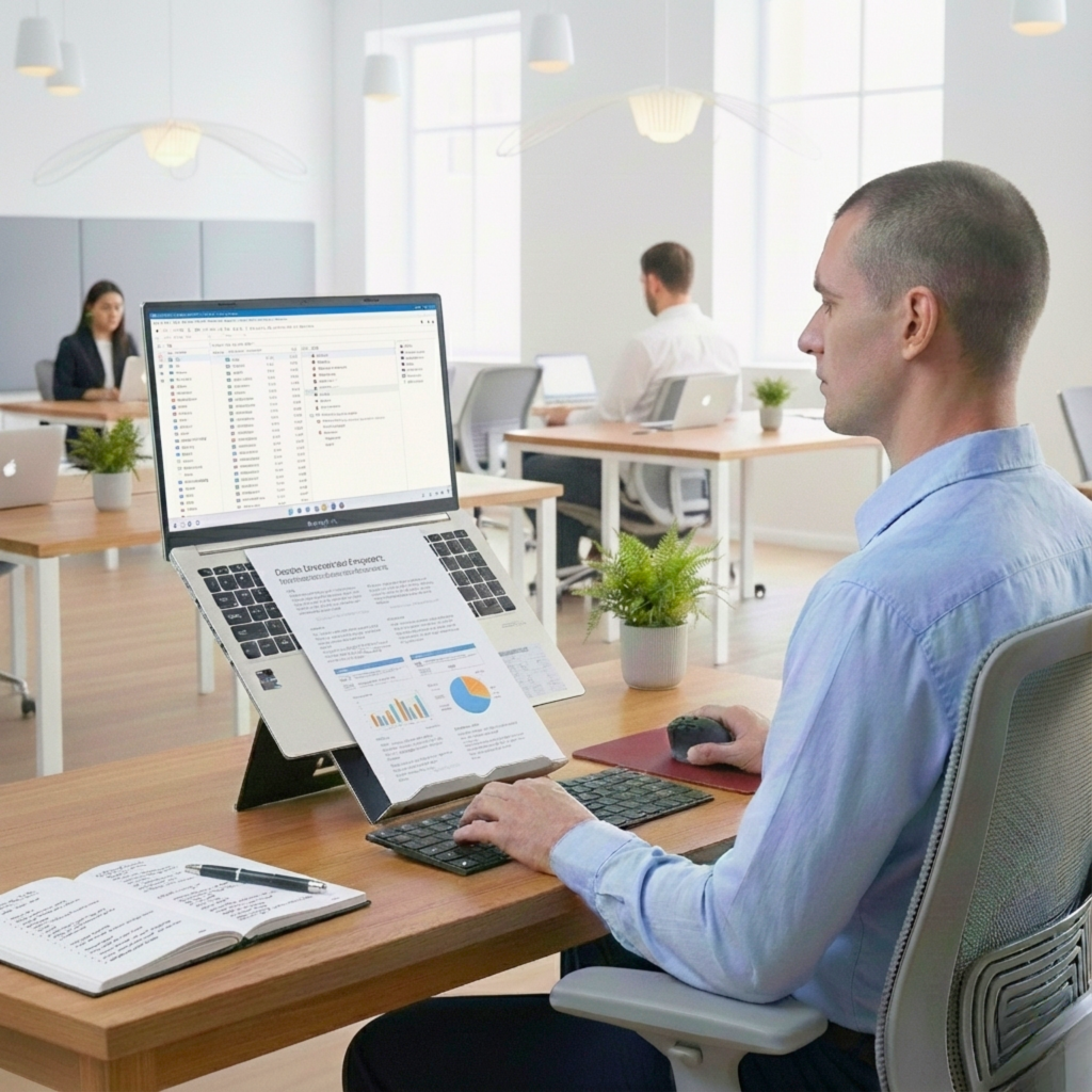 A professional working with Standivarius Etra laptop stand raised to full height to align laptop screen with user eye level.