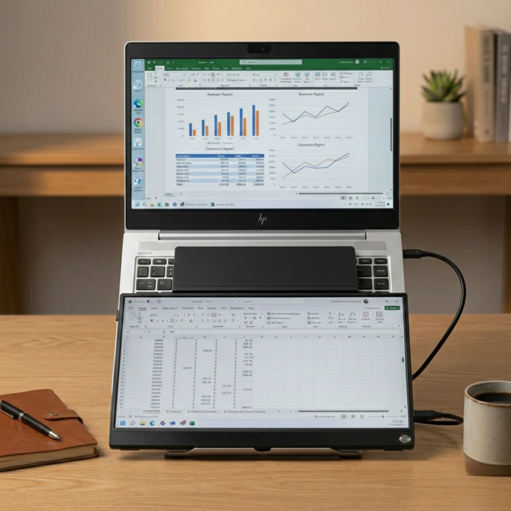 Standivarius Etra laptop stand holding a second portable monitor on its document holder, demonstrating multi-device support