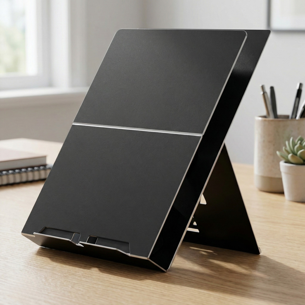 Close up of brushed aluminium finish and hinge details on Standivarius Etra stand.