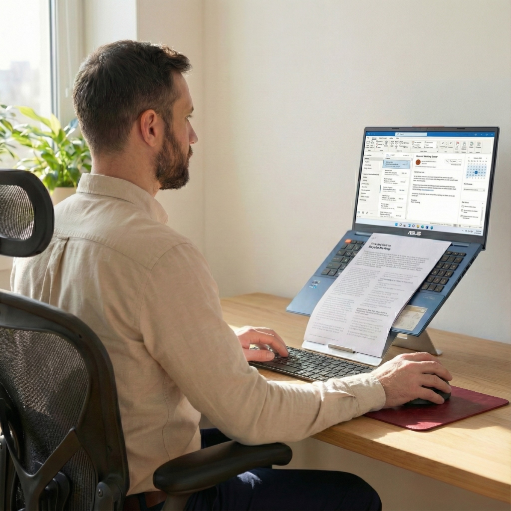 Side profile of a professional sitting with a straight back and eye-level alignment using Oryx Evo D.