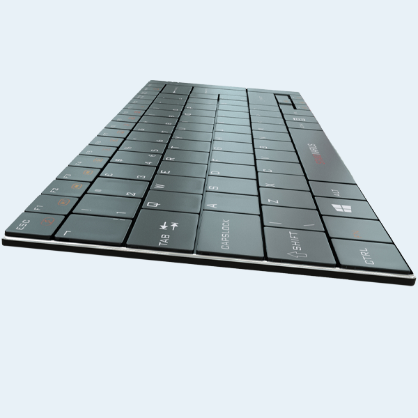 Side profile view showing thin design of Solo X wireless keyboard