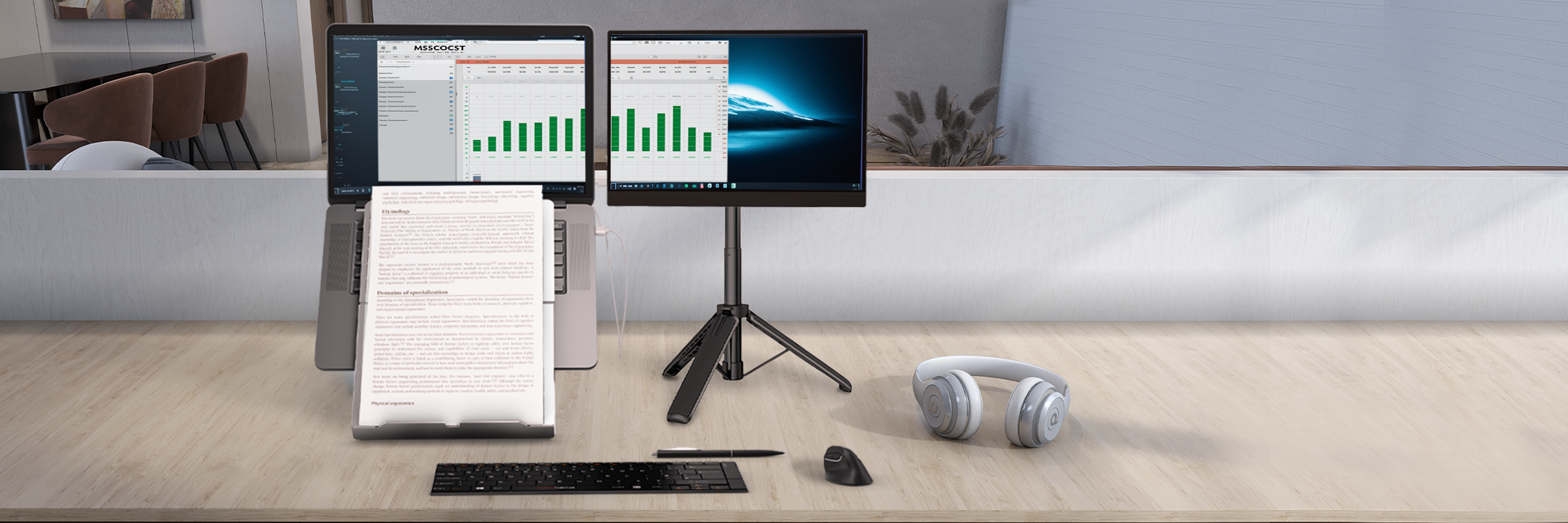 An ergonomic dual monitor setup using a laptop stand and X-Stand for portable monitor.