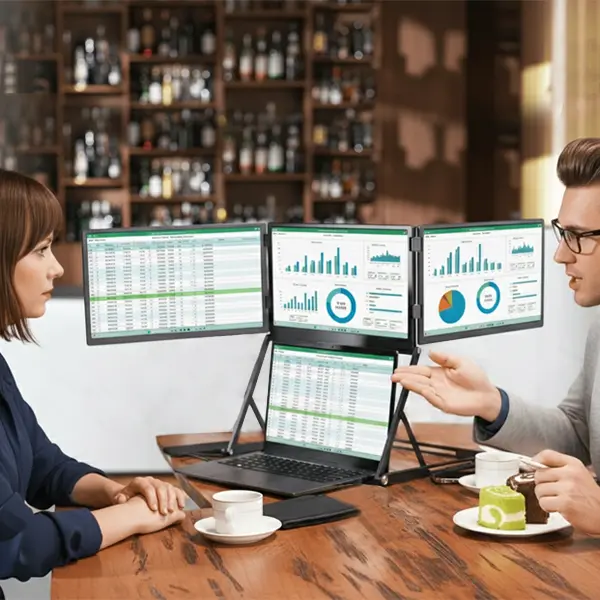 Two professionals reviewing data together using the Doxa Pro 3 triple-monitor setup in a café.