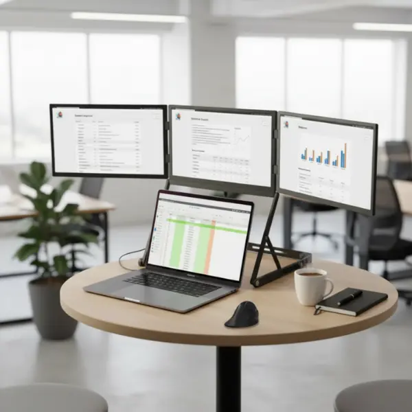 A Doxa Pro 3 triple-monitor setup arranged neatly on a small round office table.