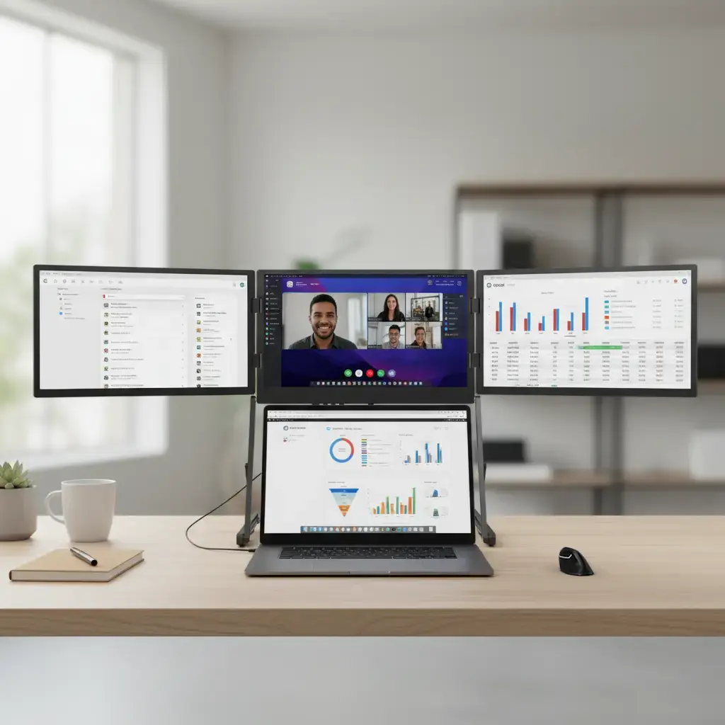 A complete Doxa Pro 3 triple-monitor workstation displaying dashboards, video calls, and productivity apps.