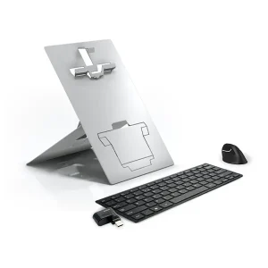 Ergo Kit Plus is a complete ergonomic kit with stand, keyboard, mouse, and hub set up for use on tablet or laptop.