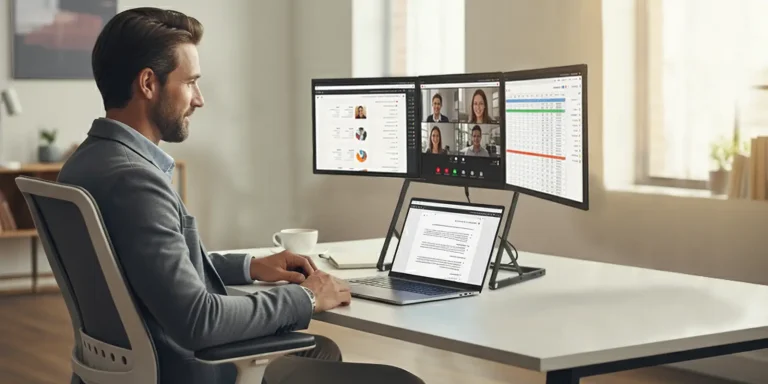 Portable triple monitor setup with Doxa Pro 3 in a modern home office workspace.