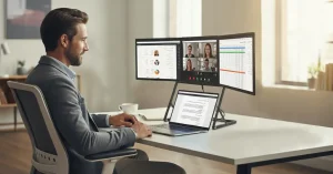 Portable triple monitor setup with Doxa Pro 3 in a modern home office workspace.
