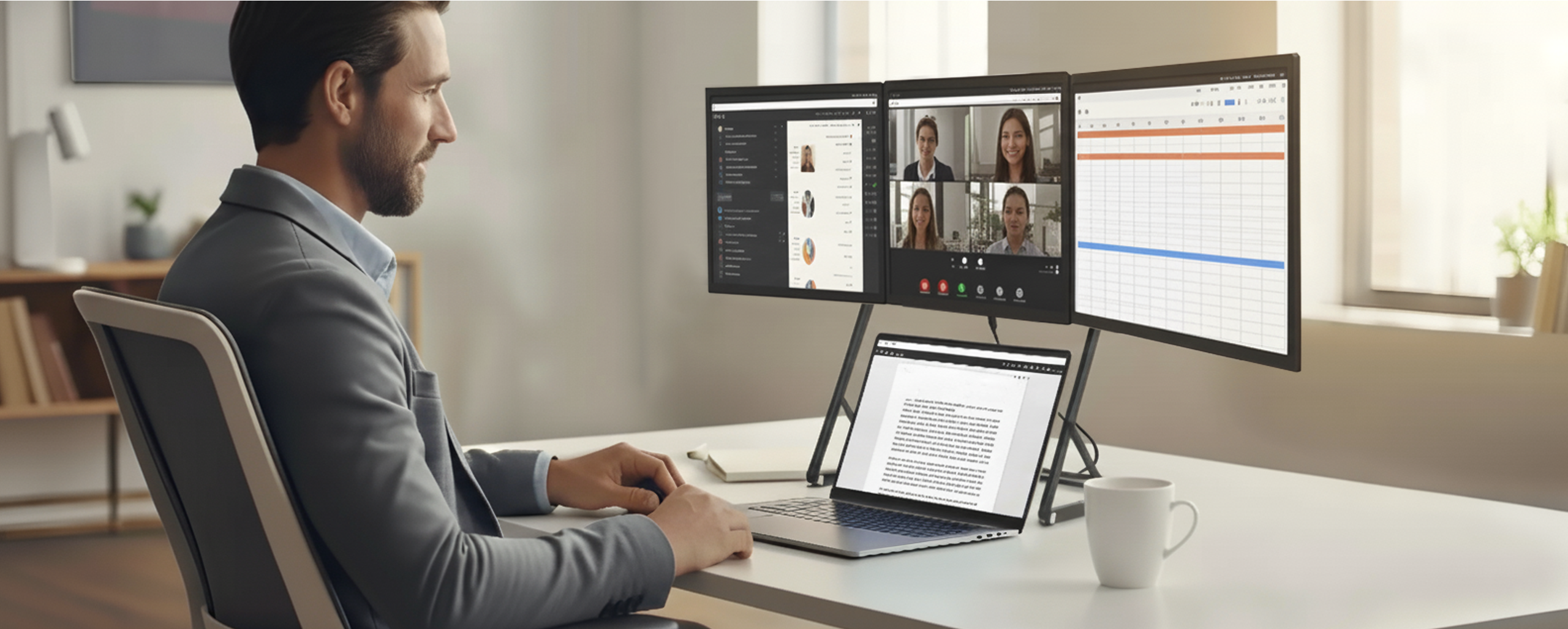 A professional working on a laptop connected to the Doxa Pro 3 triple-monitor setup in a modern office.