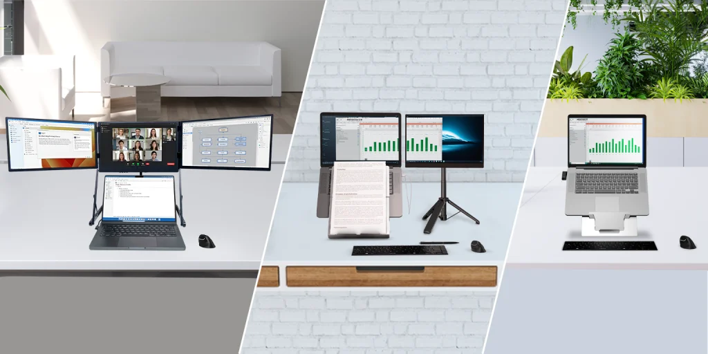 Three different laptop workstation setups using Standivarius products: on the left, a laptop with the Doxa Pro 3 triple-screen portable monitor; in the middle, a laptop with an X-Stand and an additional portable monitor on a tripod; on the right, a laptop on a height-adjustable stand, Oryx evo D.