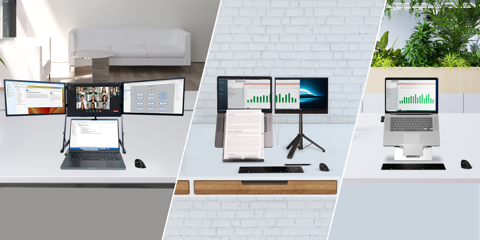 Three ergonomic workstation setups featuring Standivarius products—Doxa Pro 3, X-Stand with an extra portable monitor, and the Oryx evo D laptop stand—highlight flexible ways to build a healthier, more efficient workspace.