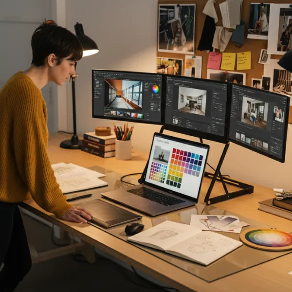 A designer using the Doxa Pro 3 triple-monitor setup for photo editing and colour selection at a creative workstation.