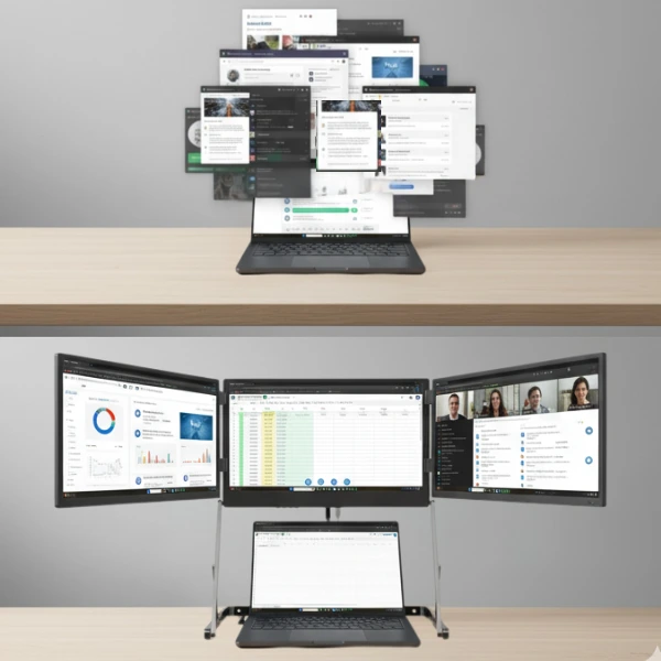 Before-and-after comparison: a cluttered single-screen workflow versus a clear triple-monitor layout using the Doxa Pro 3.