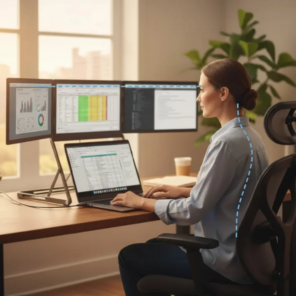 A professional using the Doxa Pro 3 triple-monitor setup while maintaining an upright ergonomic posture.