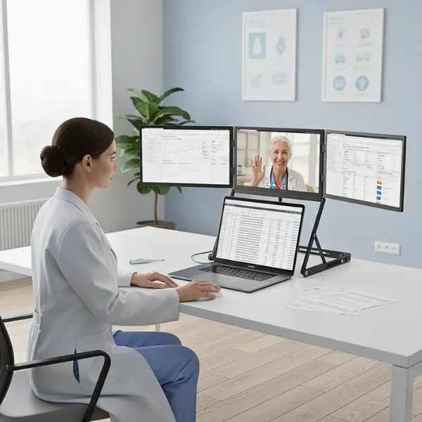 A healthcare professional using the Doxa Pro 3 triple-monitor setup to manage patient data and telehealth communication.