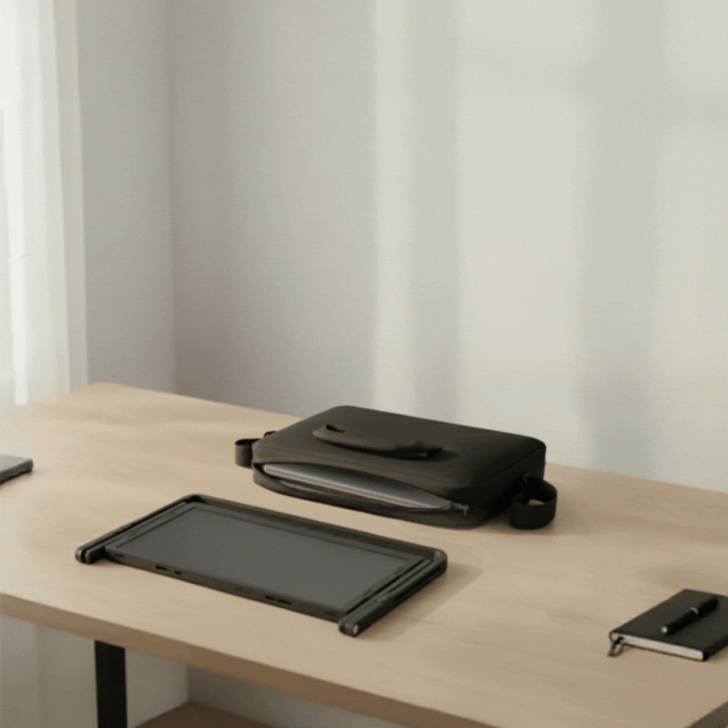 GIF showing the Doxa Pro 3 unfolding into a full triple-monitor workstation from a compact portable form