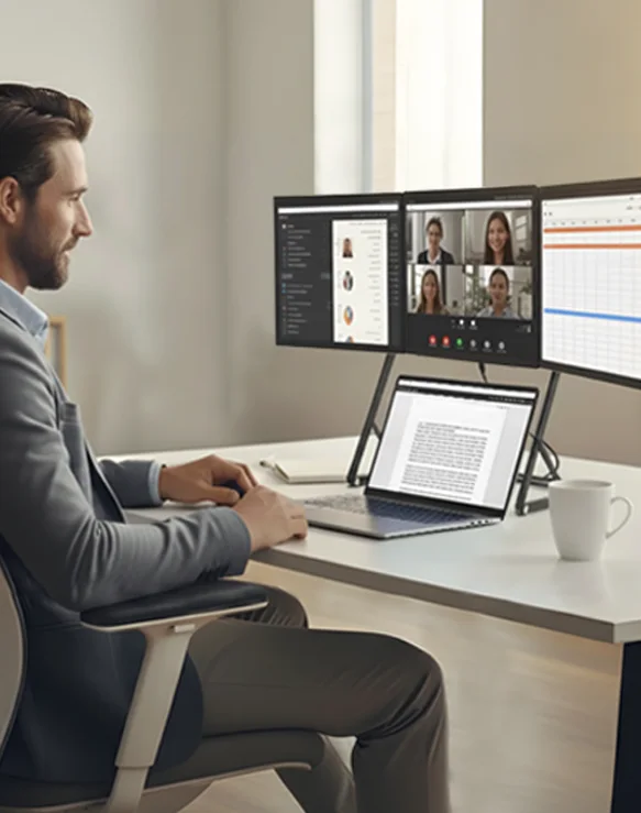 Man working at a desk using the Doxa Pro 3 portable triple-monitor setup with three active screens for calls, data, and documents.