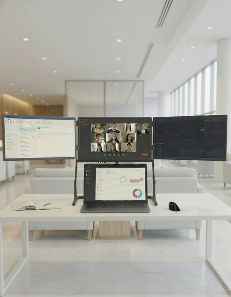Doxa Pro 3 portable triple-monitor setup on a small white table in an airport lounge, showing three elevated screens above a laptop.