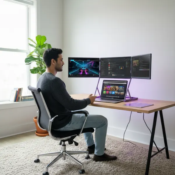 A home office workstation featuring the Doxa Pro 3 triple-monitor setup used for productivity and entertainment.