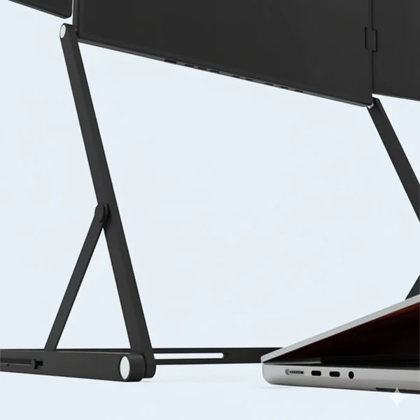 Lower view of the Doxa Pro 3’s built-in and foldable aluminium stand supporting the triple-monitor setup.