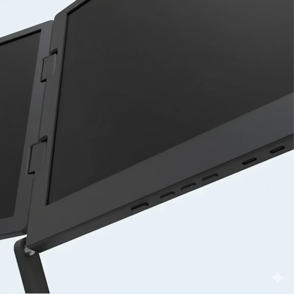 Close-up view of the Doxa Pro 3’s adjustable hinge mechanism connecting the screens.