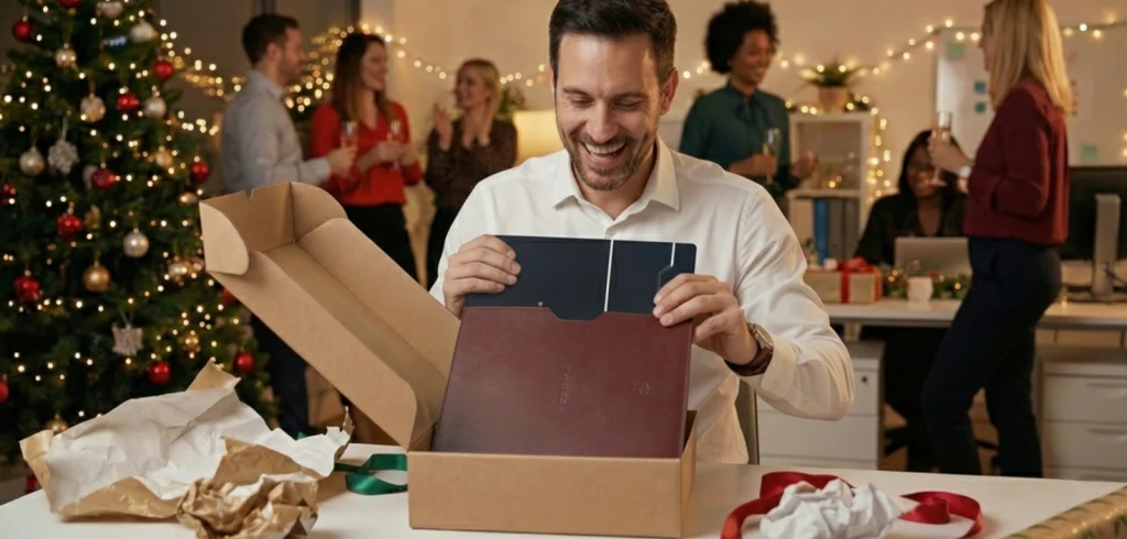 A smiling professional unboxing a Standivarius ETRA laptop stand as one of the best ergonomic gifts for work this holiday season.