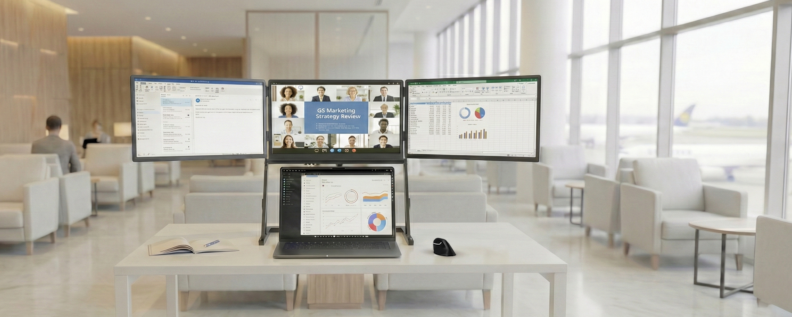 Doxa Pro 3 portable triple-monitor setup on a small white table in an airport lounge, showing three elevated screens above a laptop.
