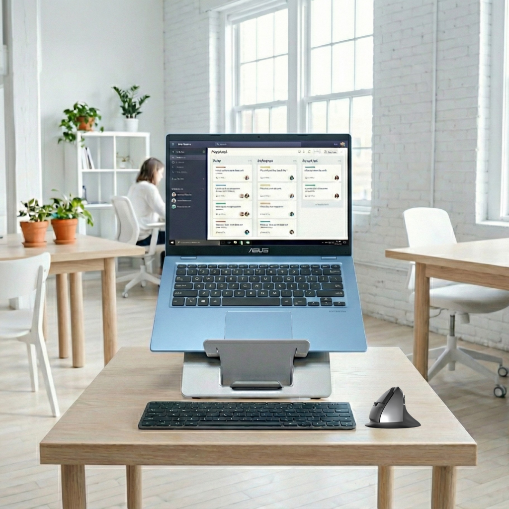 Standivarius Oryx Evo D set up on a small co-working space table, demonstrating its compact footprint.
