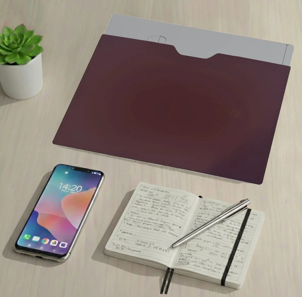 Flatlay comparison showing Oryx Evo D's thin profile next to a notebook and mobile phone.