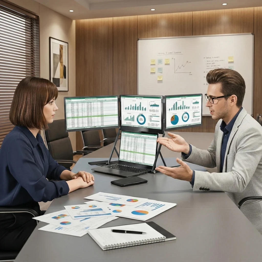 Consultants reviewing data together using the Doxa Pro 3 portable triple monitor during a client workshop.