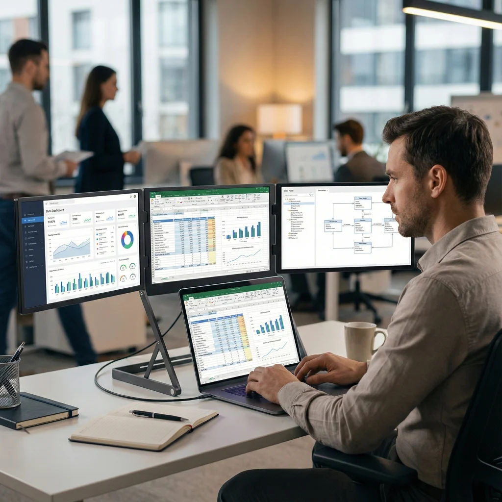 Consultant performing data analysis with the Doxa Pro 3 portable triple monitor in an office environment.