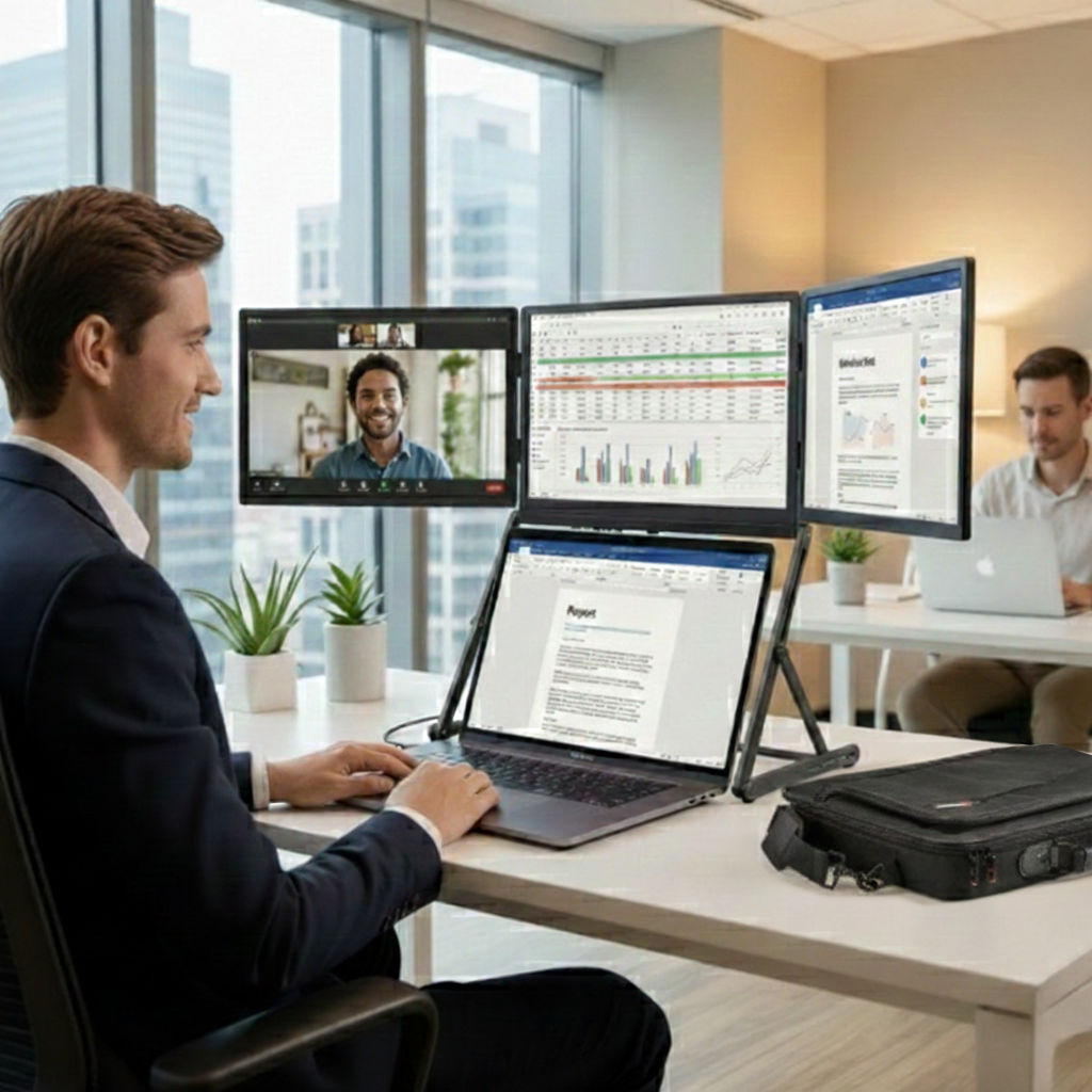 Monolith bag for laptops and portable monitors holding a large laptop and portable monitor setup