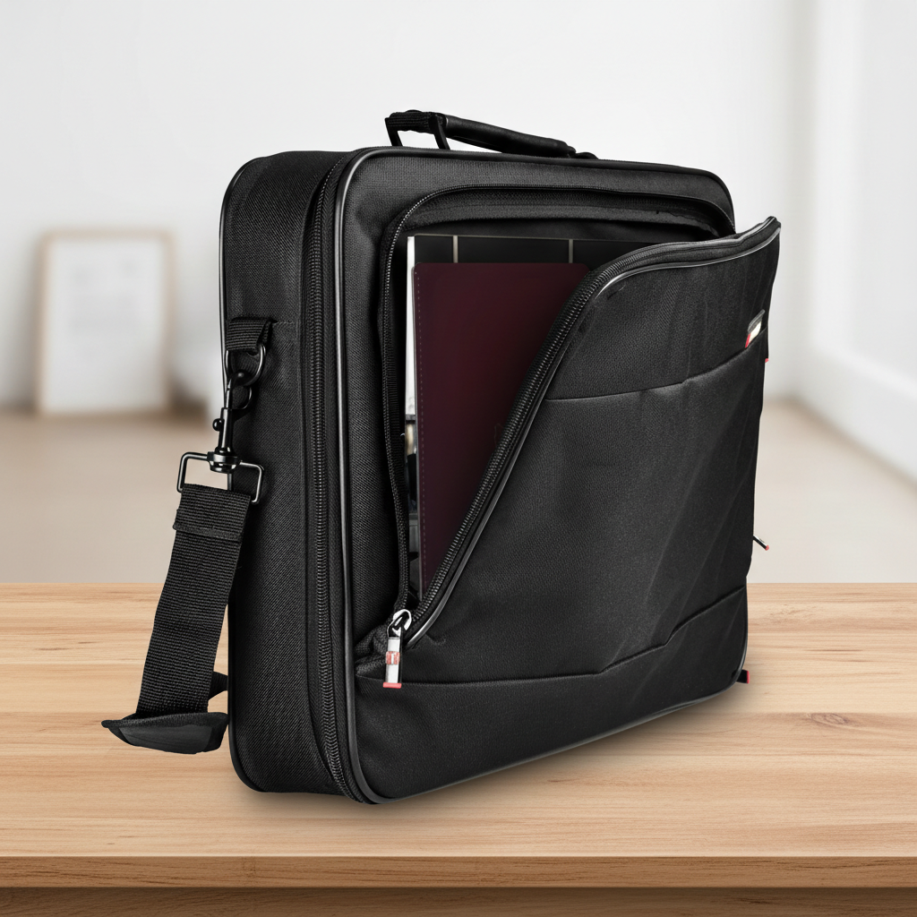 Organised interior of Monolith bag for laptops and portable monitors with accessories and documents