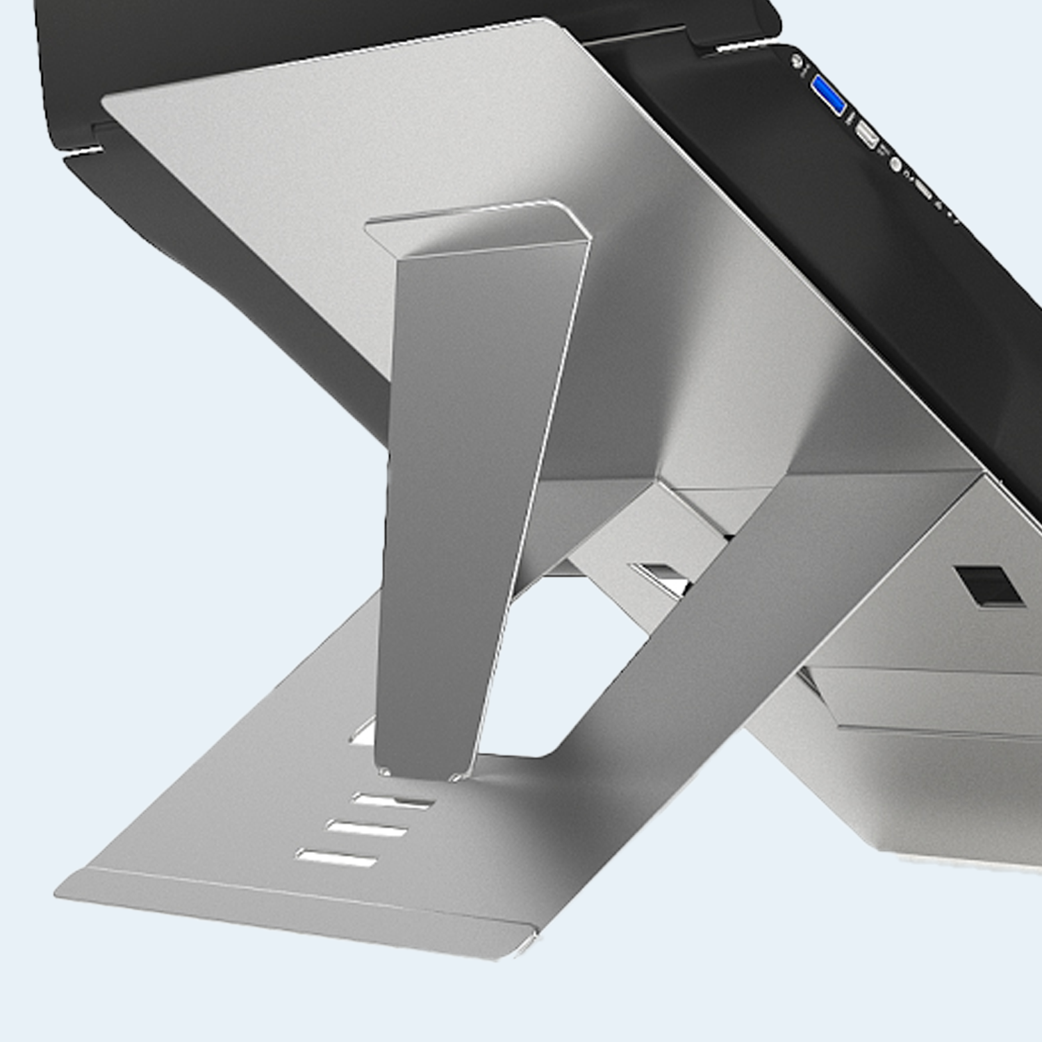 Oryx evo E adjustable height stand for limited opening laptops with ergonomic elevation