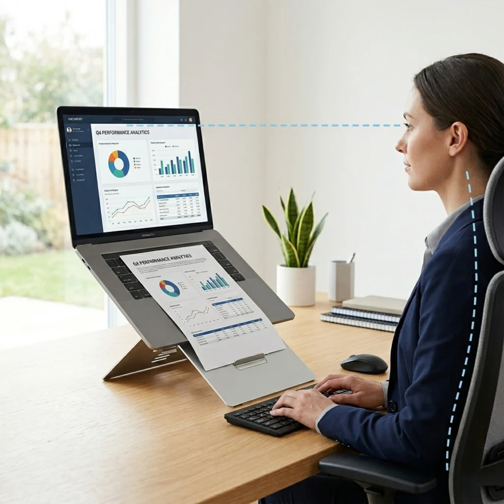 Oryx evo E stand for limited opening laptops supporting healthier laptop posture and elevated screen positioning