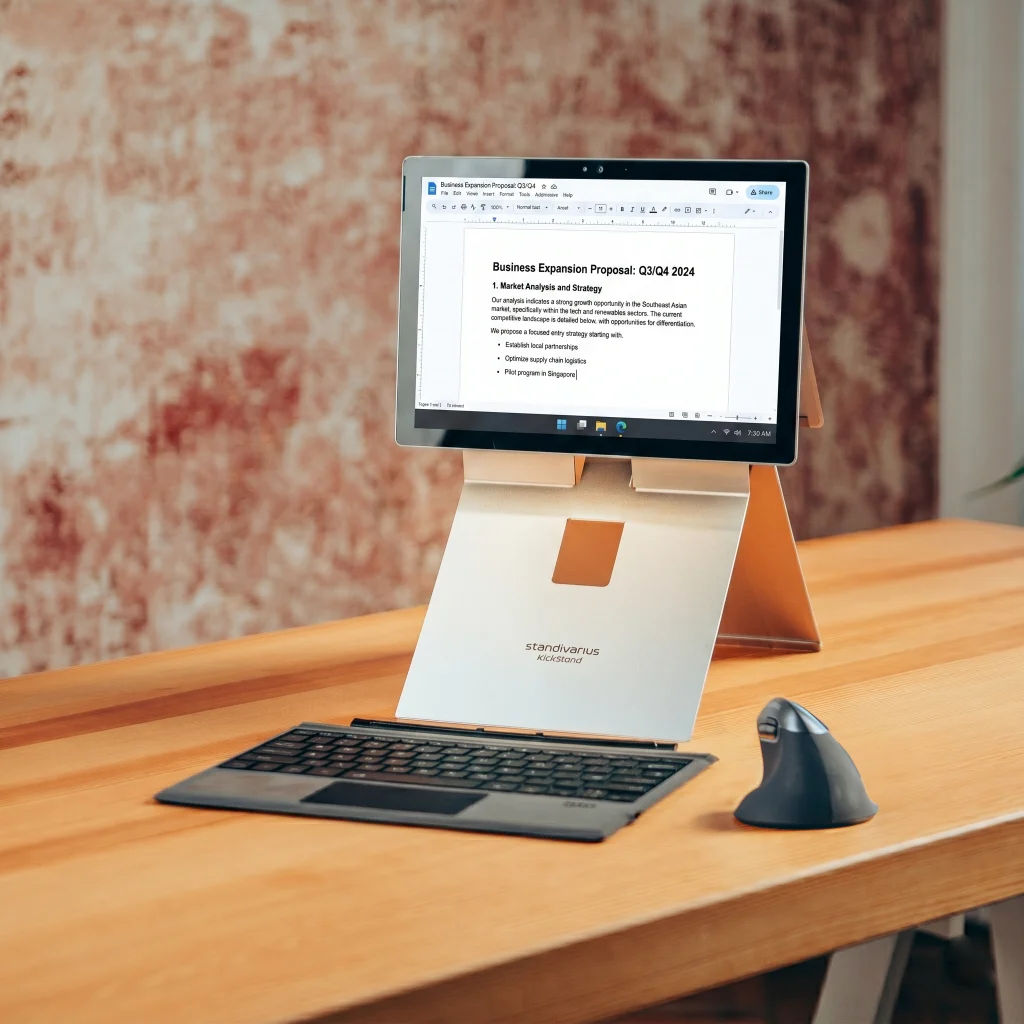Standivarius KickStand ergonomic stand for Surface Pro fitting seamlessly onto the back of a Surface Pro tablet.