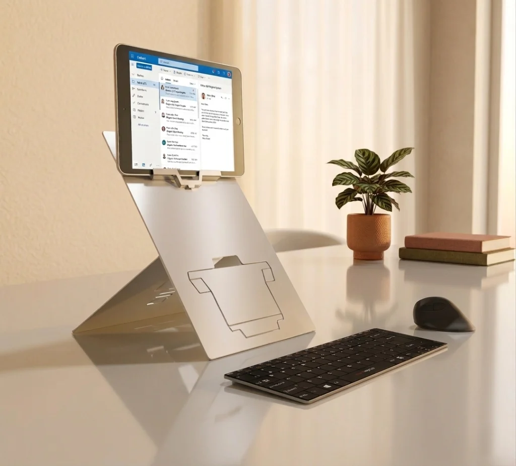 Standivarius Oryx Pro ergonomic 2-in-1 laptop and tablet stand supporting a tablet in an elevated position.
