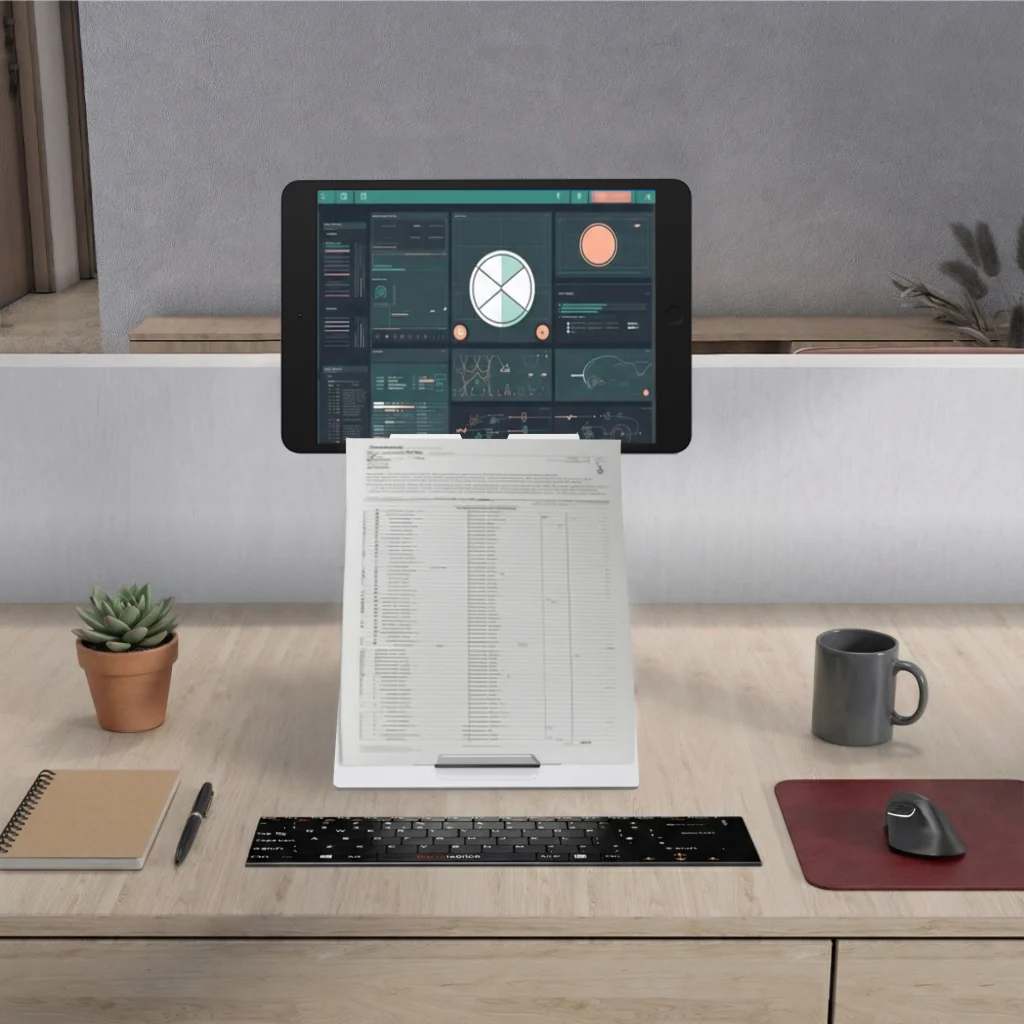 Minimalist desk setup featuring the Oryx Pro laptop and tablet stand with a compact footprint.