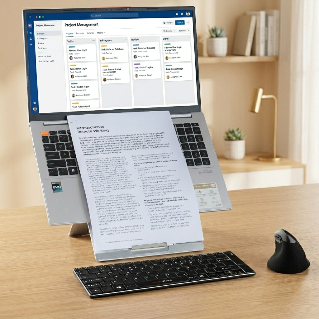 Standivarius Oryx Pro laptop and tablet stand with a built-in inline document holder position below the screen.