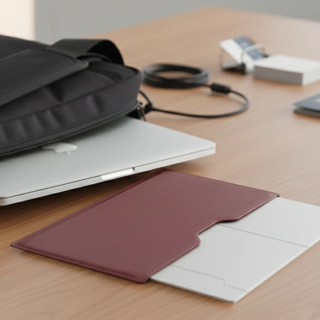 An ultra-slim, folded Standivarius Oryx Pro laptop and tablet stand being slid into a laptop bag.